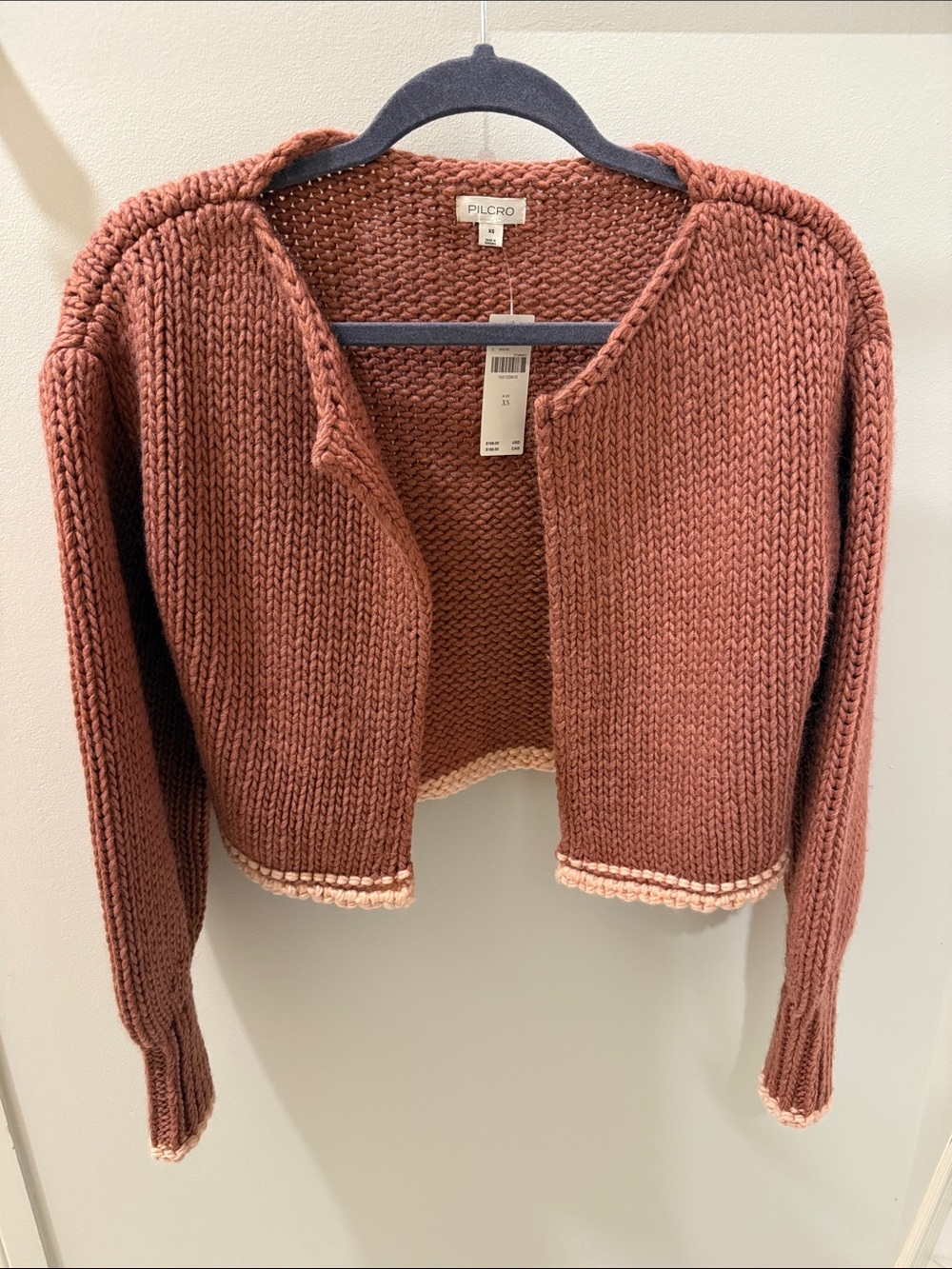 XS Anthropologie Pilcro Cropped Chunky Cardigan in mauve with Trim